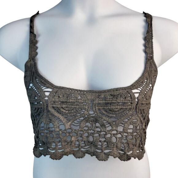 NEW POL S/M Dark Gray All Cotton Knit Cropped Knit Cami Top Crochet Style Sheer - Picture 5 of 13